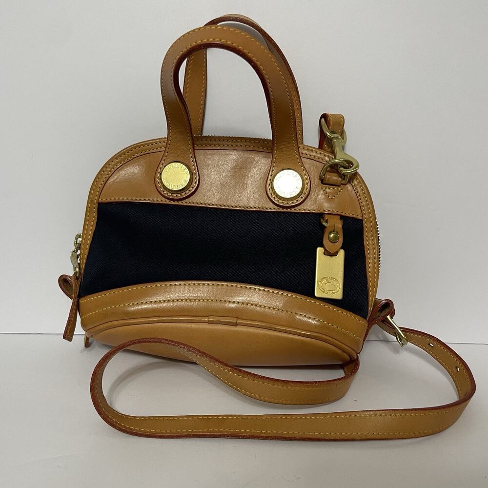 Vintage Dooney & Bourke Cabriolet Bag Navy Canvas Tan Leather Domed USA Satchel